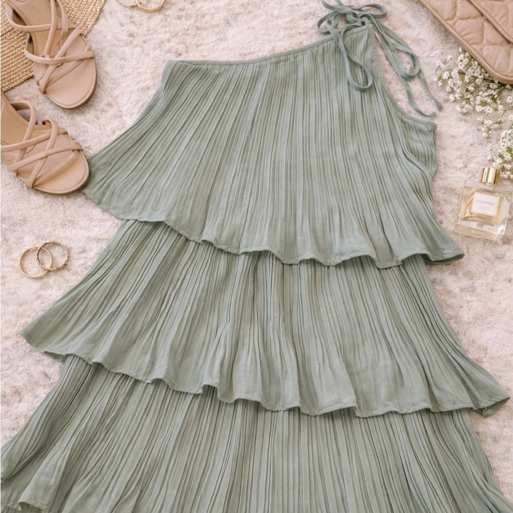 NWT ZESICA Sage Green One Shoulder Pleated Tiered Dress Size M- Fall Wedding